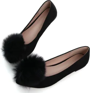 INEELUYI Women's Pom Pom Ballets Flats Pointy Toe Slip on Dress Flats Loafers Wedding Bowknot Shoes