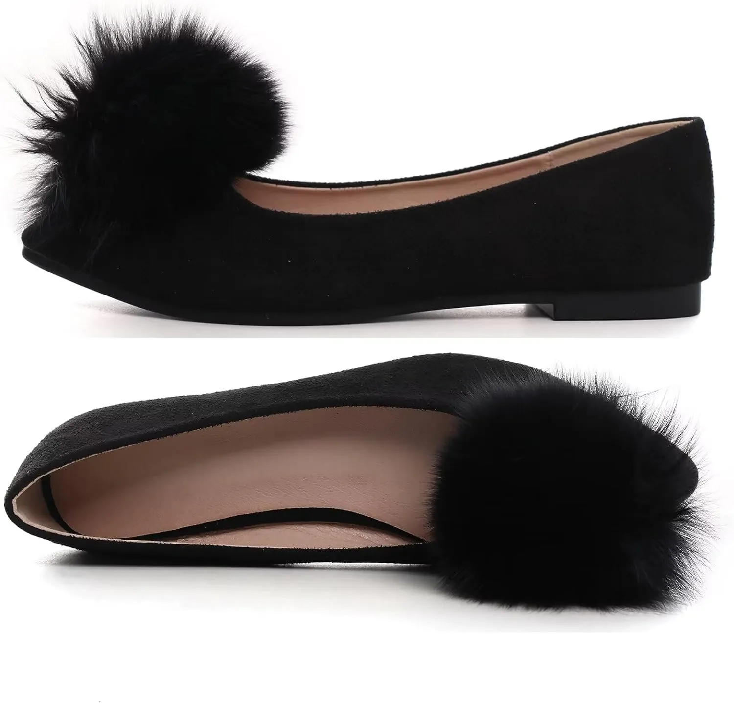 INEELUYI Women's Pom Pom Ballets Flats Pointy Toe Slip on Dress Flats Loafers Wedding Bowknot Shoes