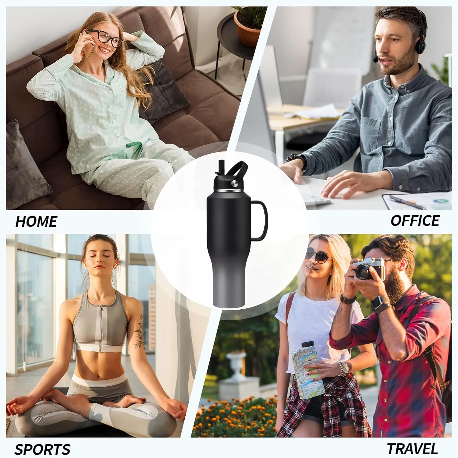 Insulated Water-Bottle 40oz Tumbler with Handle - Vacuum Metal Water Flask with Straws & Sleeve, Stainless Steel Coffee Tumblers Travel Mug, Keep Cold for 48 Hrs, Hot for 24 Hrs