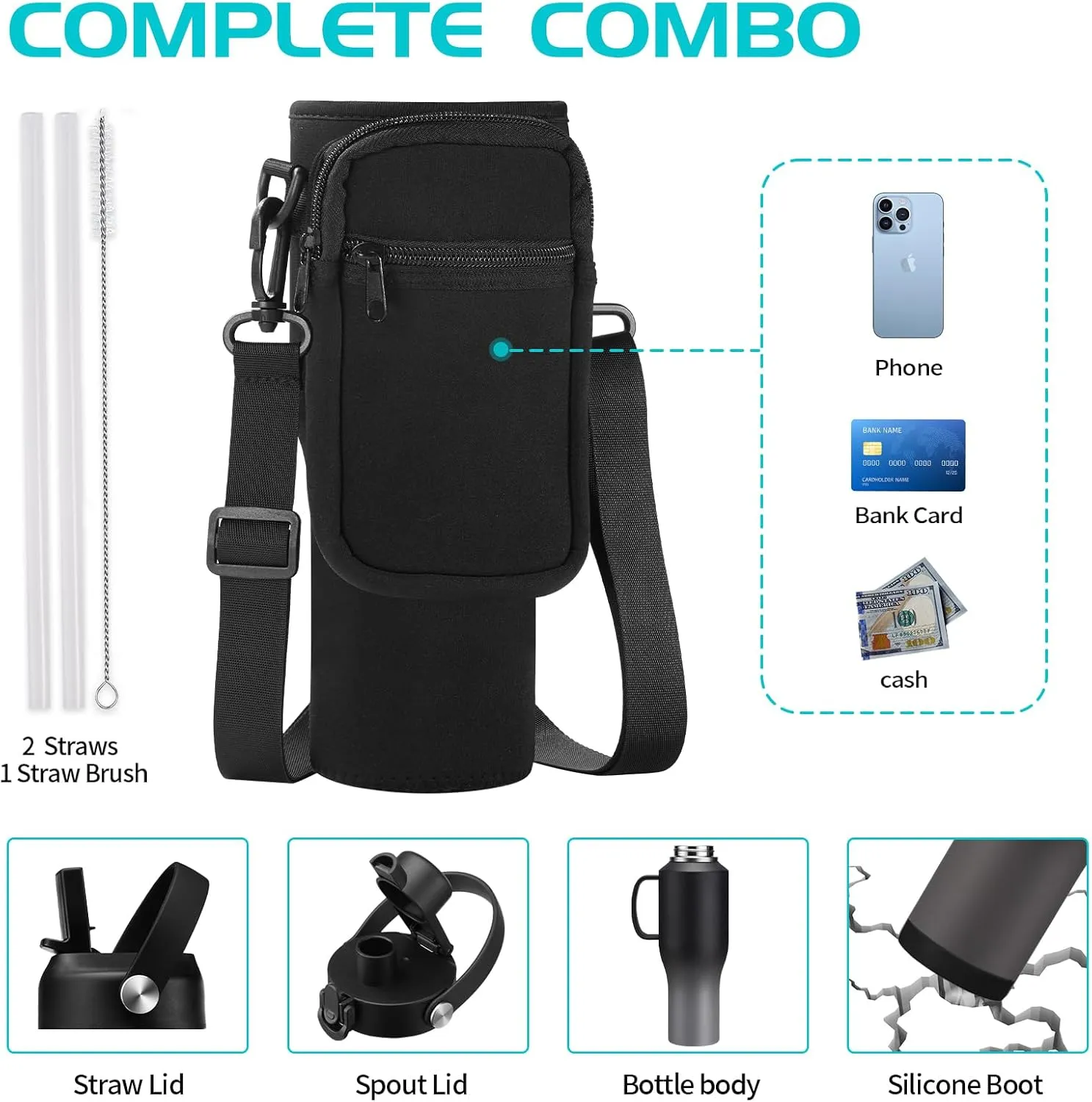 Insulated Water-Bottle 40oz Tumbler with Handle - Vacuum Metal Water Flask with Straws & Sleeve, Stainless Steel Coffee Tumblers Travel Mug, Keep Cold for 48 Hrs, Hot for 24 Hrs