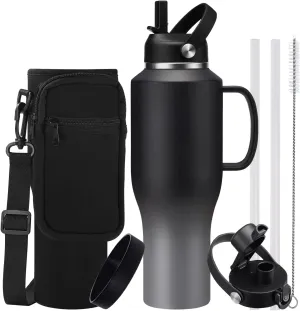 Insulated Water-Bottle 40oz Tumbler with Handle - Vacuum Metal Water Flask with Straws & Sleeve, Stainless Steel Coffee Tumblers Travel Mug, Keep Cold for 48 Hrs, Hot for 24 Hrs