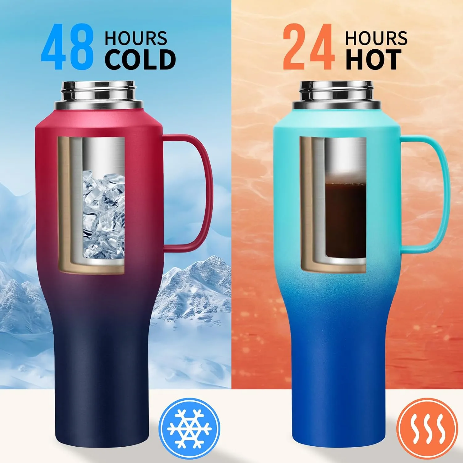 Insulated Water-Bottle 40oz Tumbler with Handle - Vacuum Metal Water Flask with Straws & Sleeve, Stainless Steel Coffee Tumblers Travel Mug, Keep Cold for 48 Hrs, Hot for 24 Hrs