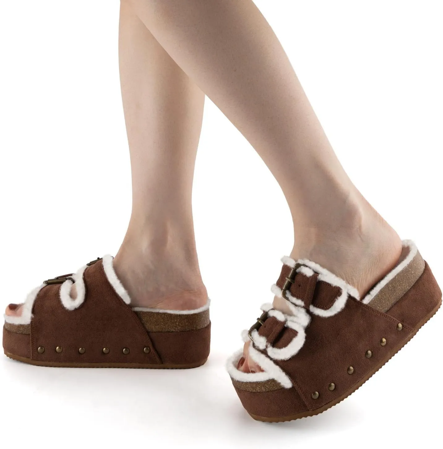 JORISTIMO Women's Cork Flatform Sandals, Faux Suede Fur-Lined Dual Buckled Band Suede Clogs Platform Slip On Sandals Slippers