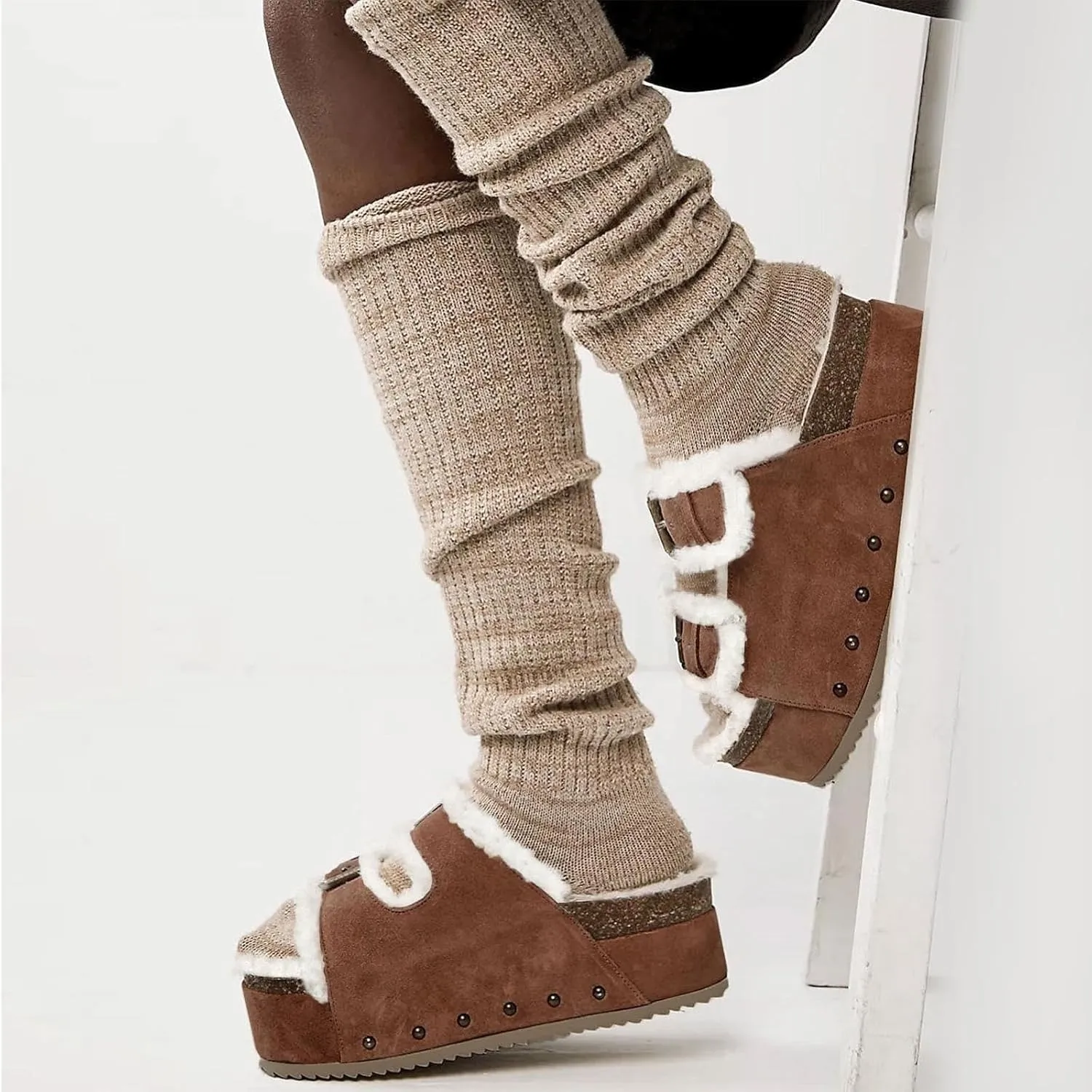 JORISTIMO Women's Cork Flatform Sandals, Faux Suede Fur-Lined Dual Buckled Band Suede Clogs Platform Slip On Sandals Slippers