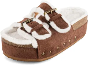 JORISTIMO Women's Cork Flatform Sandals, Faux Suede Fur-Lined Dual Buckled Band Suede Clogs Platform Slip On Sandals Slippers