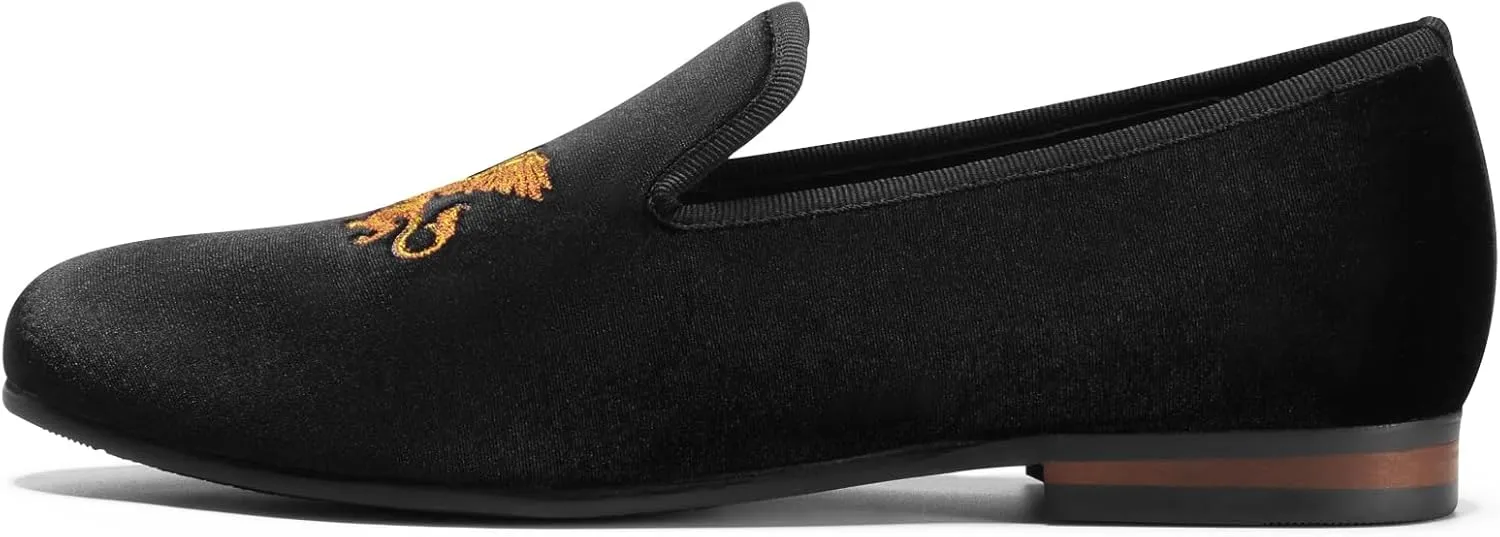 Journey West Men's Velvet Loafers Embroidery Slip-On Loafers Tuxedo Dress Shoes Smoking Slippers for Men