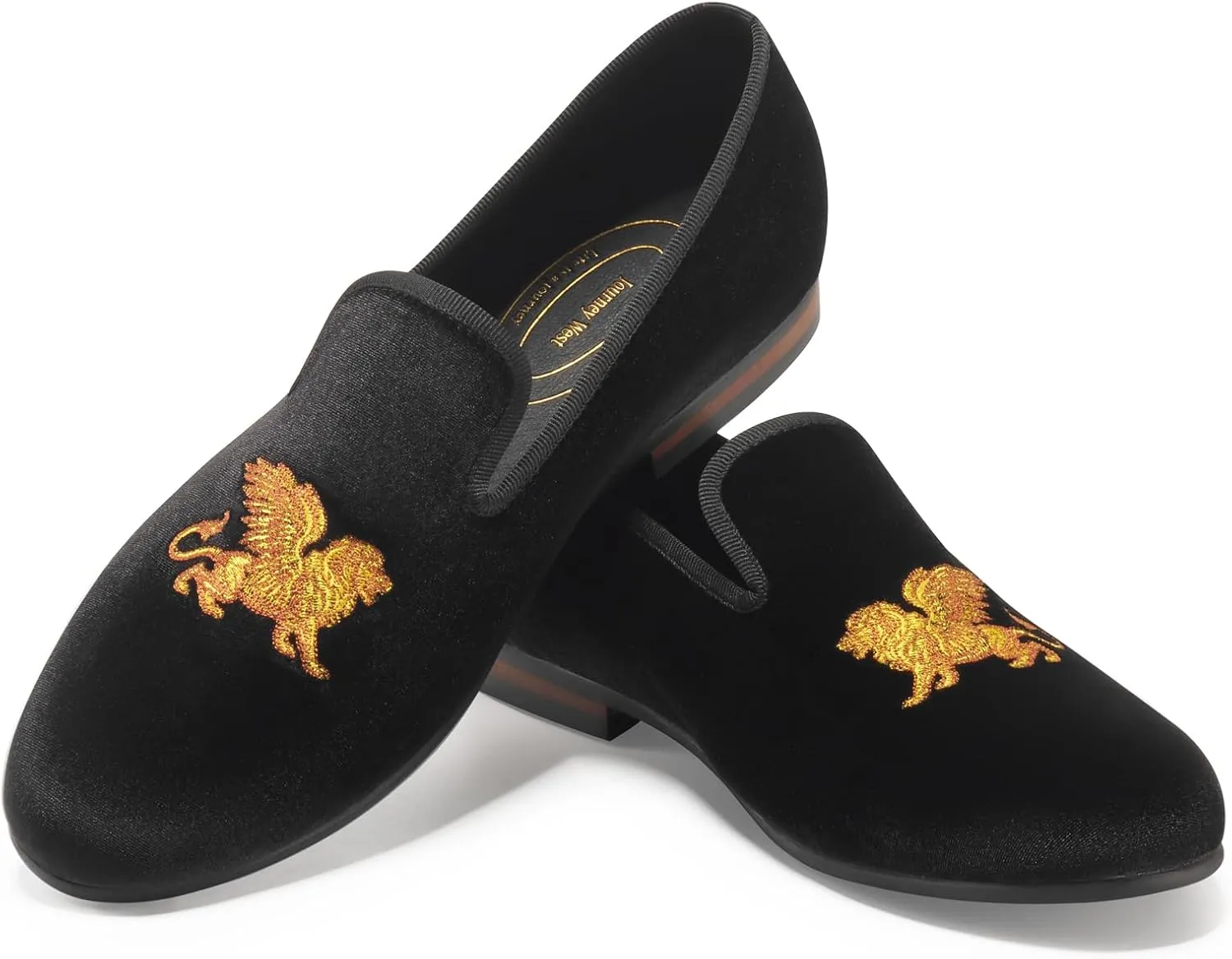 Journey West Men's Velvet Loafers Embroidery Slip-On Loafers Tuxedo Dress Shoes Smoking Slippers for Men