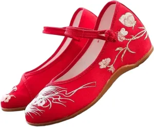 JYHBHMZG Women Cotton Fabric Embroidered Ballet Flats Retro Ladies Casual Walking Shoes Comfortable White Red Blue