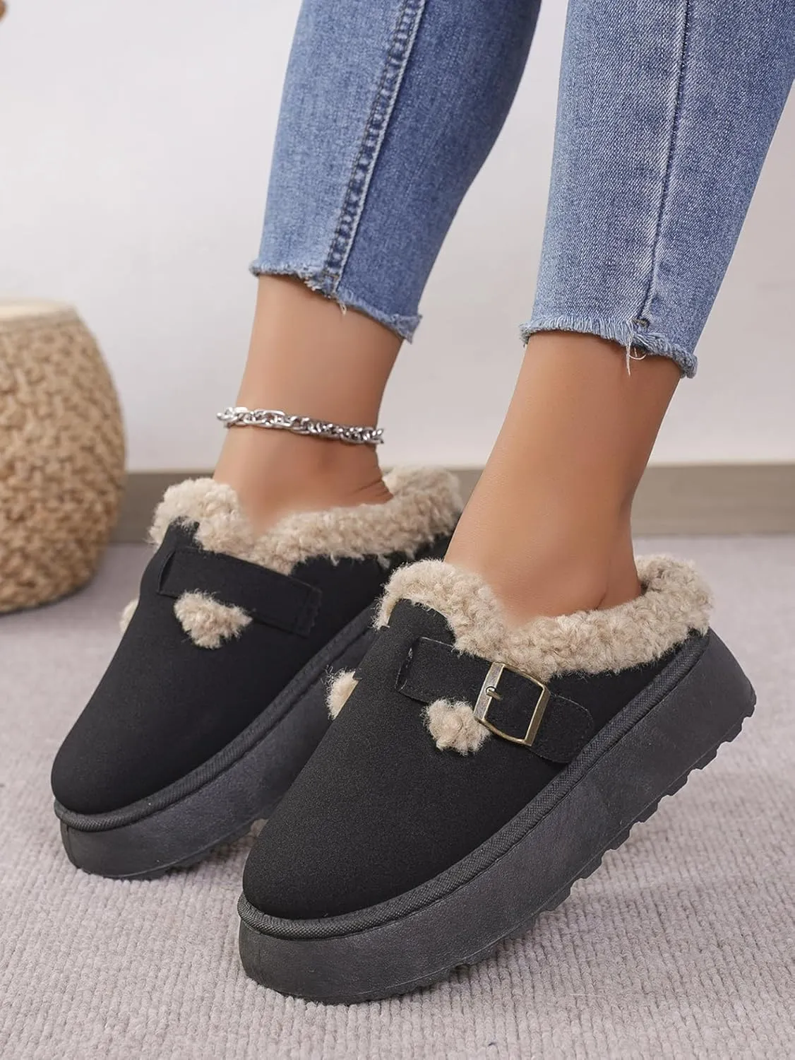 Katutude Women's Slippers Thick Rubber Sole Fleece Lined Snow Boots Slip-On Shoes Soft Comfy Indoor Outdoor Anti-Slip Slipper Shoes
