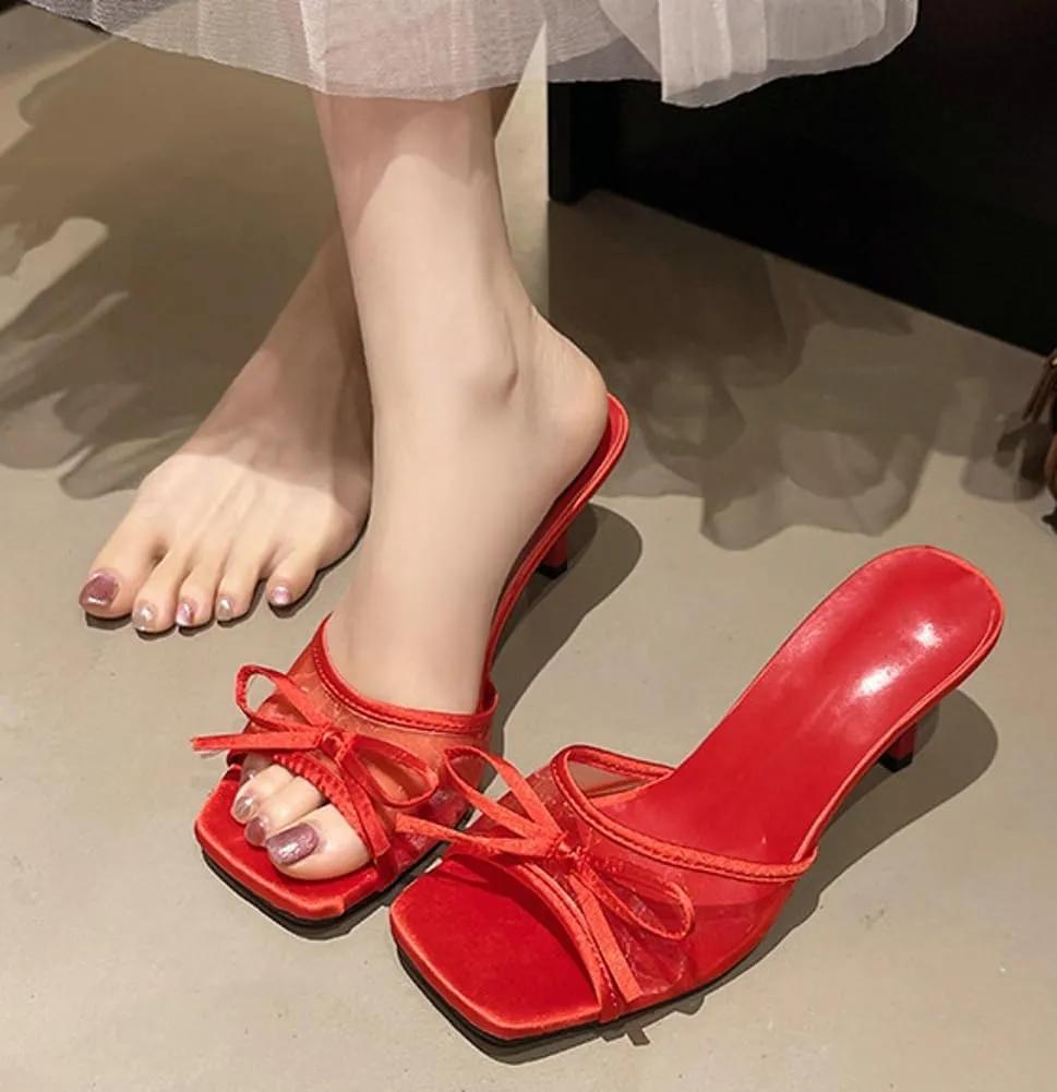 Kitten Heels for Women Open Square Toe Heels with Bow Vintage Mesh Mules Sexy Slip on Stiletto High Heels Party Dress Backless Sandals