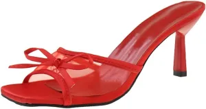 Kitten Heels for Women Open Square Toe Heels with Bow Vintage Mesh Mules Sexy Slip on Stiletto High Heels Party Dress Backless Sandals