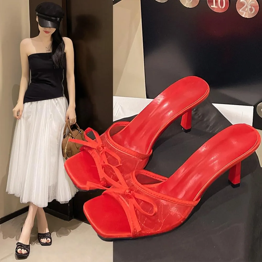 Kitten Heels for Women Open Square Toe Heels with Bow Vintage Mesh Mules Sexy Slip on Stiletto High Heels Party Dress Backless Sandals