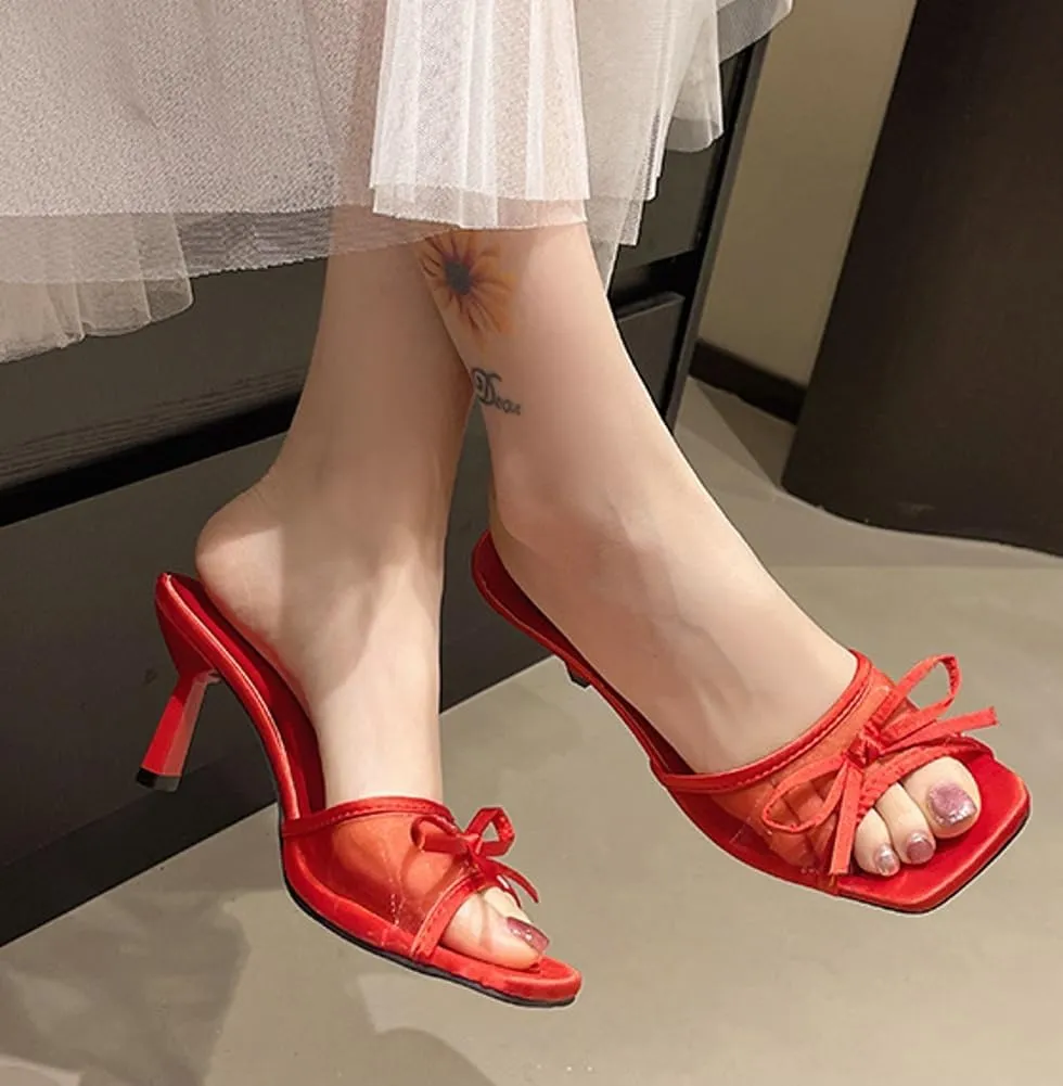 Kitten Heels for Women Open Square Toe Heels with Bow Vintage Mesh Mules Sexy Slip on Stiletto High Heels Party Dress Backless Sandals