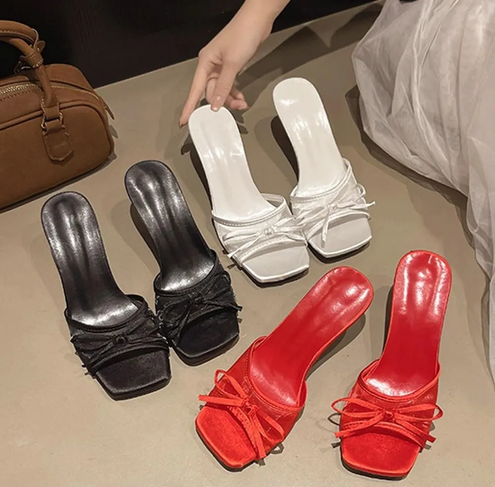 Kitten Heels for Women Open Square Toe Heels with Bow Vintage Mesh Mules Sexy Slip on Stiletto High Heels Party Dress Backless Sandals