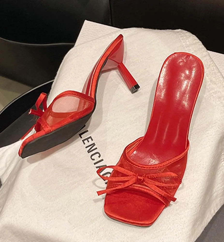 Kitten Heels for Women Open Square Toe Heels with Bow Vintage Mesh Mules Sexy Slip on Stiletto High Heels Party Dress Backless Sandals