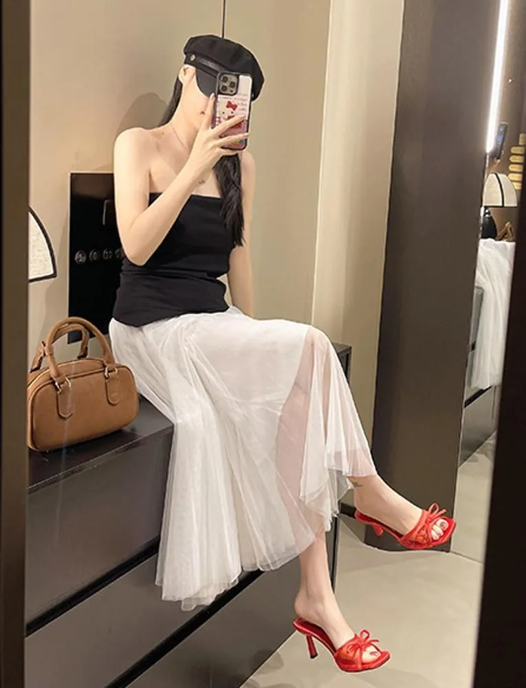 Kitten Heels for Women Open Square Toe Heels with Bow Vintage Mesh Mules Sexy Slip on Stiletto High Heels Party Dress Backless Sandals