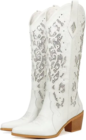 KiutSymo Glitter Rhinestone Cowboy Boots For Women Vintage Embroidered Cowgirl Boots Mid Calf Chunky Heel Sparkly Wedding Western Boots