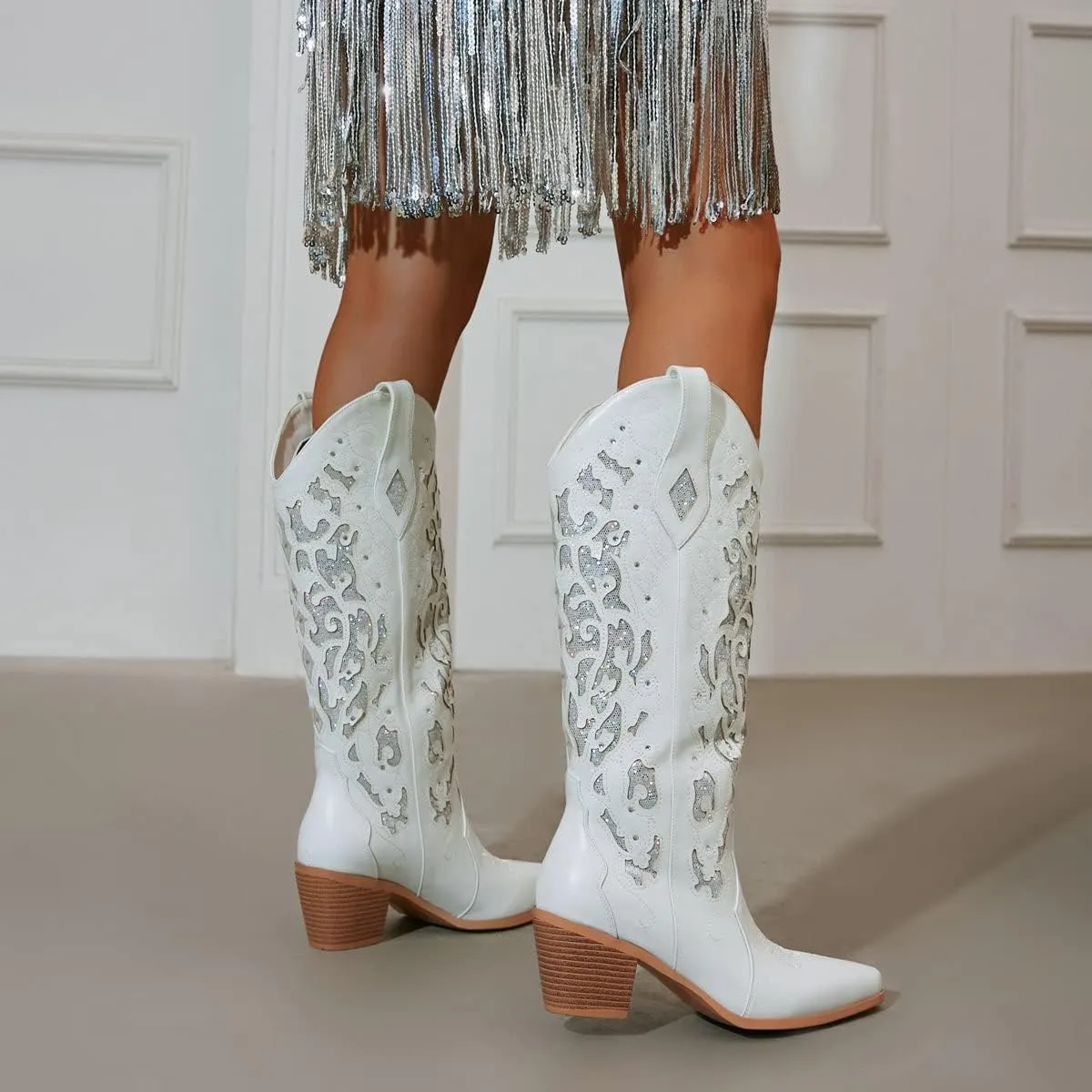 KiutSymo Glitter Rhinestone Cowboy Boots For Women Vintage Embroidered Cowgirl Boots Mid Calf Chunky Heel Sparkly Wedding Western Boots