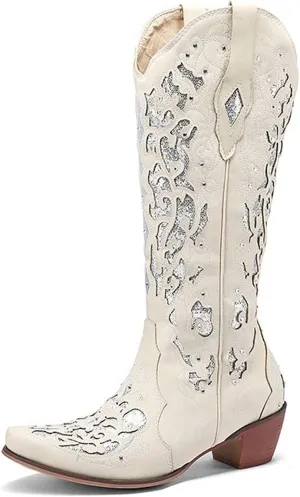KiutSymo Glitter Rhinestone Cowboy Boots For Women Vintage Embroidered Cowgirl Boots Mid Calf Chunky Heel Sparkly Wedding Western Boots