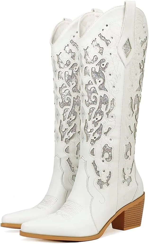 KiutSymo Glitter Rhinestone Cowboy Boots For Women Vintage Embroidered Cowgirl Boots Mid Calf Chunky Heel Sparkly Wedding Western Boots