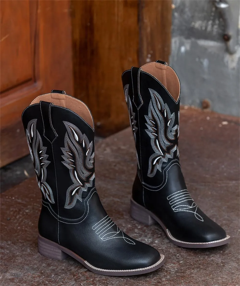 kkdom Women Western Cowgirl Boots Embroidered Mid Half Cowboy Boots Riding Boots Pull on