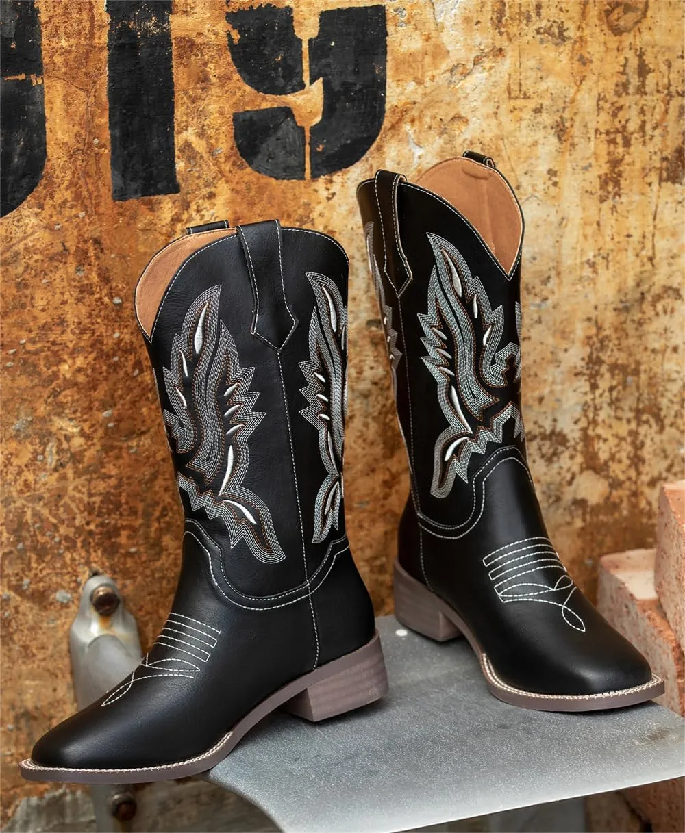 kkdom Women Western Cowgirl Boots Embroidered Mid Half Cowboy Boots Riding Boots Pull on