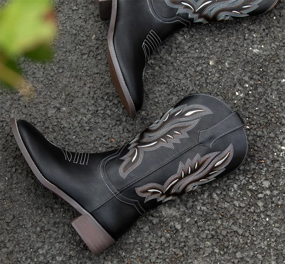 kkdom Women Western Cowgirl Boots Embroidered Mid Half Cowboy Boots Riding Boots Pull on