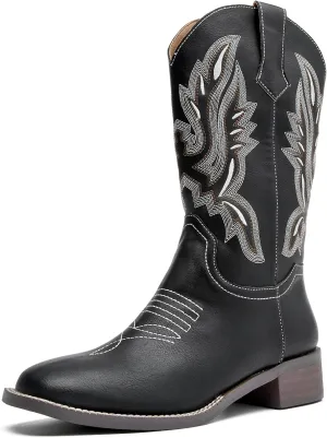 kkdom Women Western Cowgirl Boots Embroidered Mid Half Cowboy Boots Riding Boots Pull on
