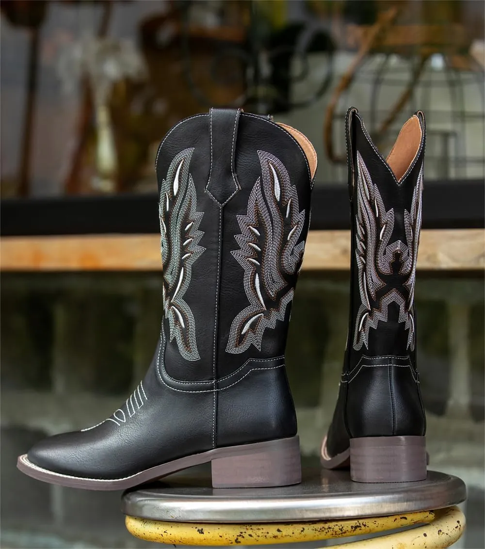kkdom Women Western Cowgirl Boots Embroidered Mid Half Cowboy Boots Riding Boots Pull on