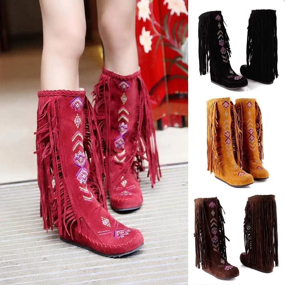 Knee High Boots for Women Embroidered Fringed Booties Western Cowgirl Boots Winter Flats Faux Suede Long Snow Boot