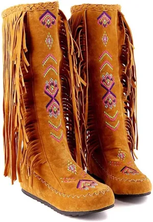 Knee High Boots for Women Embroidered Fringed Booties Western Cowgirl Boots Winter Flats Faux Suede Long Snow Boot