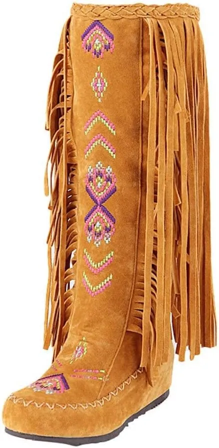 Knee High Boots for Women Embroidered Fringed Booties Western Cowgirl Boots Winter Flats Faux Suede Long Snow Boot