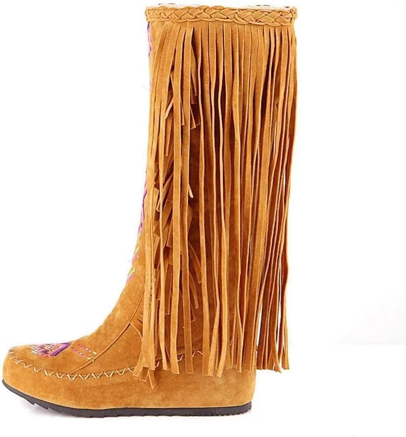 Knee High Boots for Women Embroidered Fringed Booties Western Cowgirl Boots Winter Flats Faux Suede Long Snow Boot