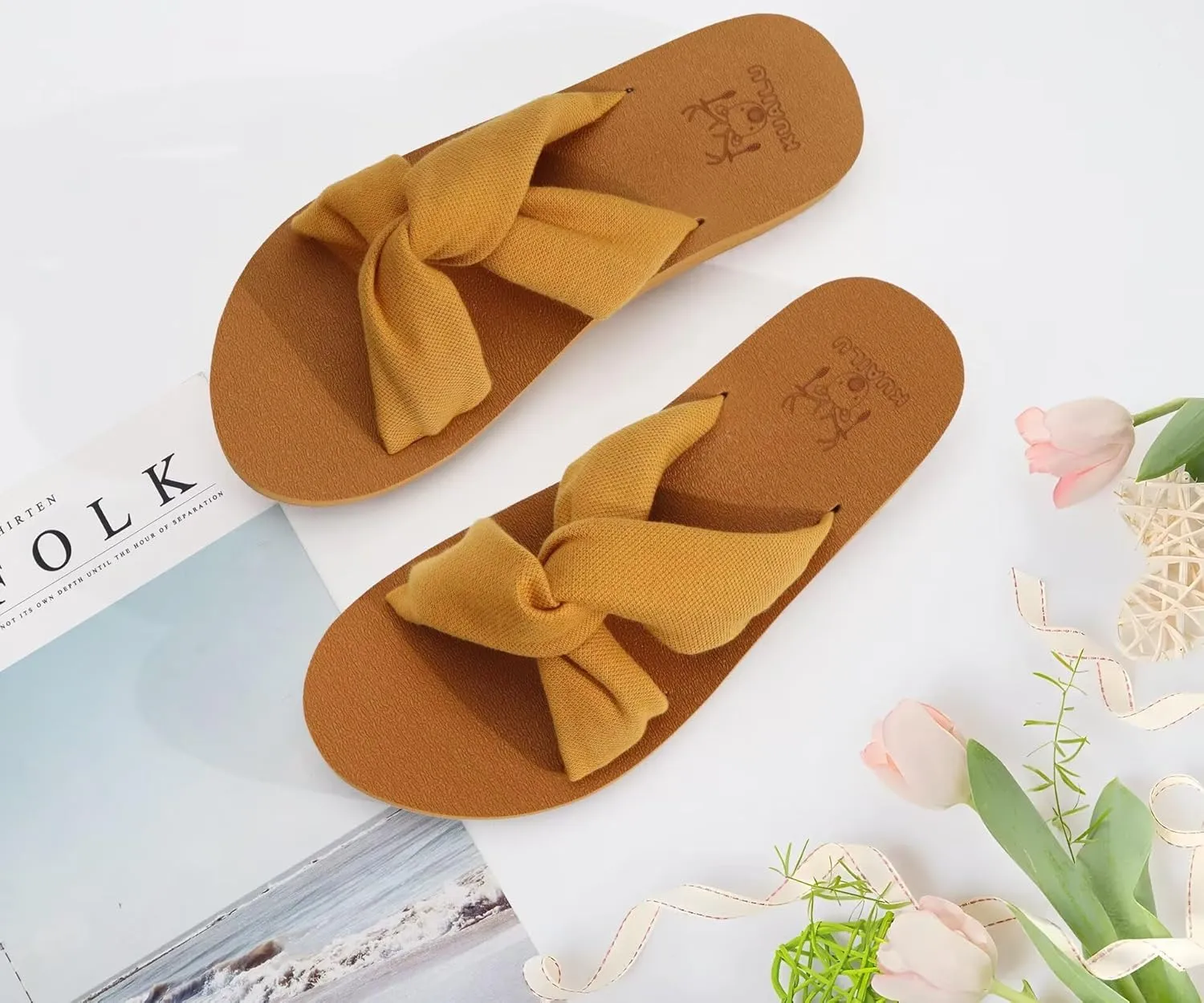 KuaiLu Womens Dressy Sandals with Arch Support Yoga Mat Comfortable Cushion Walking Criss Cross Slides Summer Beach Slip On Indoor Outdoor Slippers
