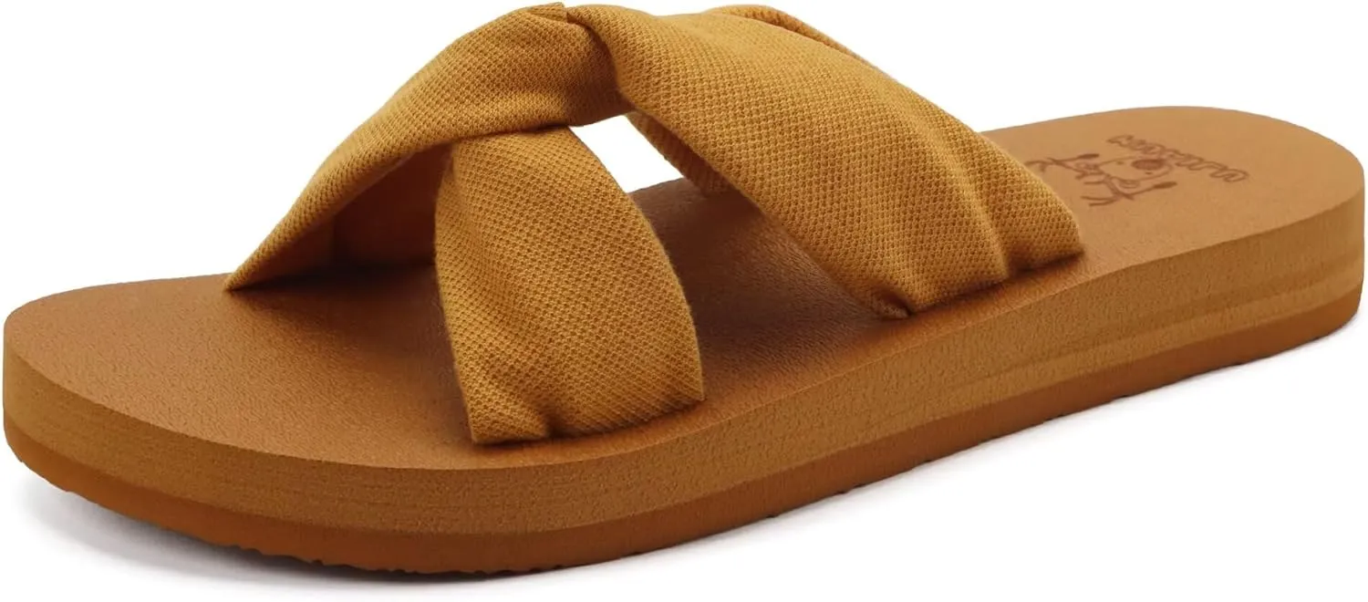 KuaiLu Womens Dressy Sandals with Arch Support Yoga Mat Comfortable Cushion Walking Criss Cross Slides Summer Beach Slip On Indoor Outdoor Slippers