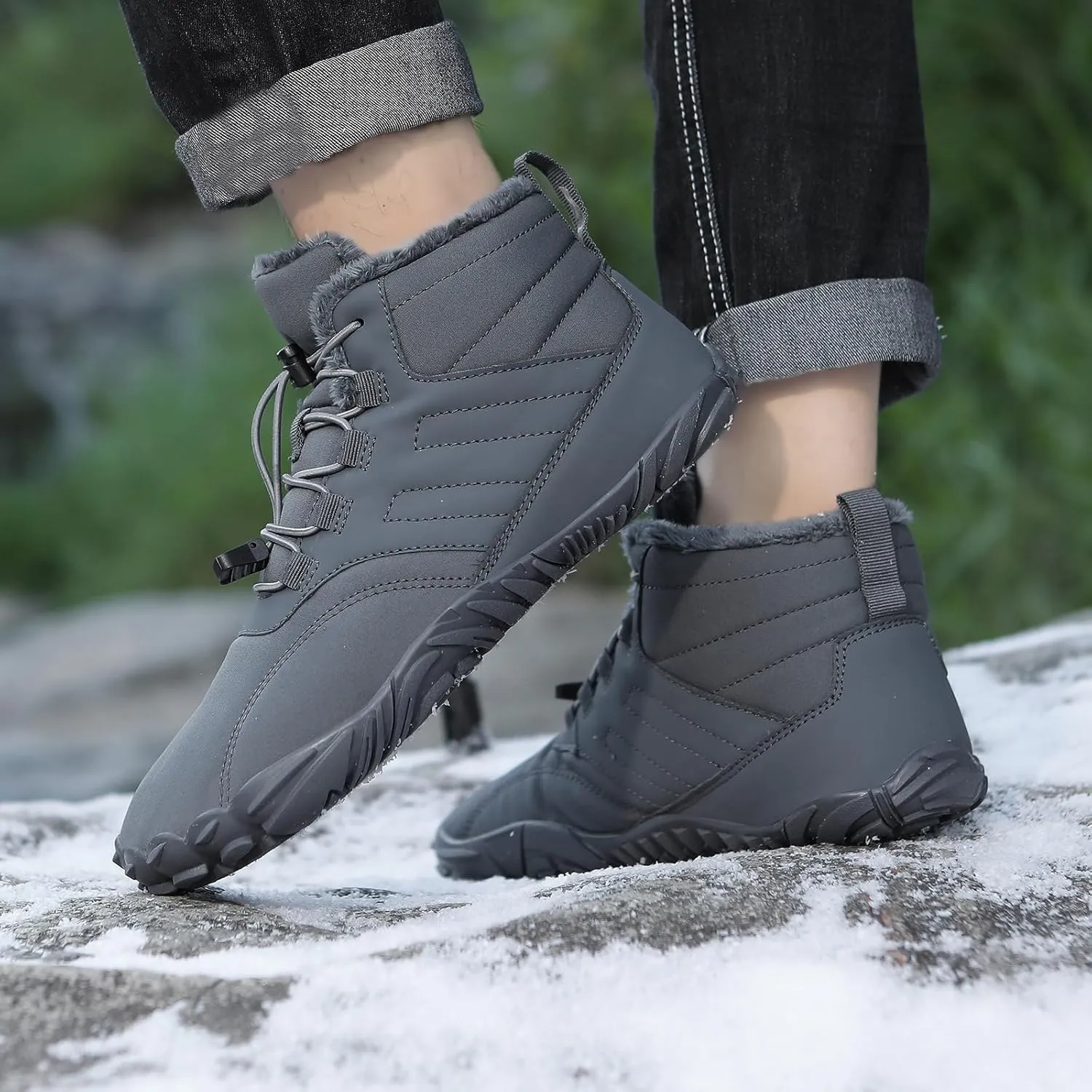Kubbon Women's Winter Snow Boots Lightweight Fur Lined Thick Warm Adjustable Slip-On Shoes Zero Drop Boots Wide Toe Box Toes Shoes Waterproof Outdoor Hiking Sneakers