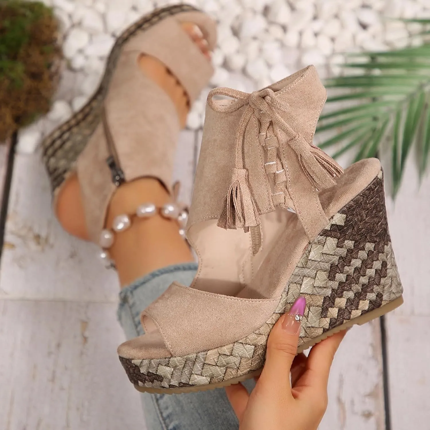 Ladies Weave Open Toe Tassels Flock Zipper Summer Slope Heel Thick Soled Wedges Sandals Womens Breathable Shoes