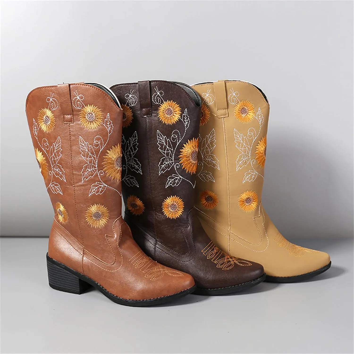 Ladmiple Boots For Women Cowboy Style Wide Calf Knee High Seam Mid Block Heel Almond Fashion Classic Cowgirl Boots Slip-On