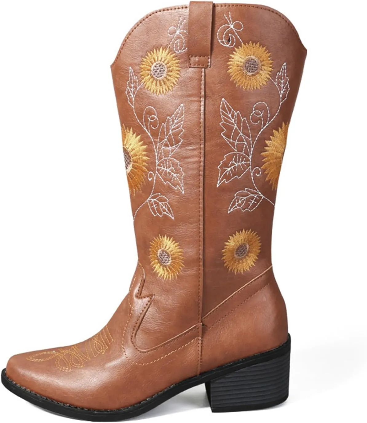 Ladmiple Boots For Women Cowboy Style Wide Calf Knee High Seam Mid Block Heel Almond Fashion Classic Cowgirl Boots Slip-On