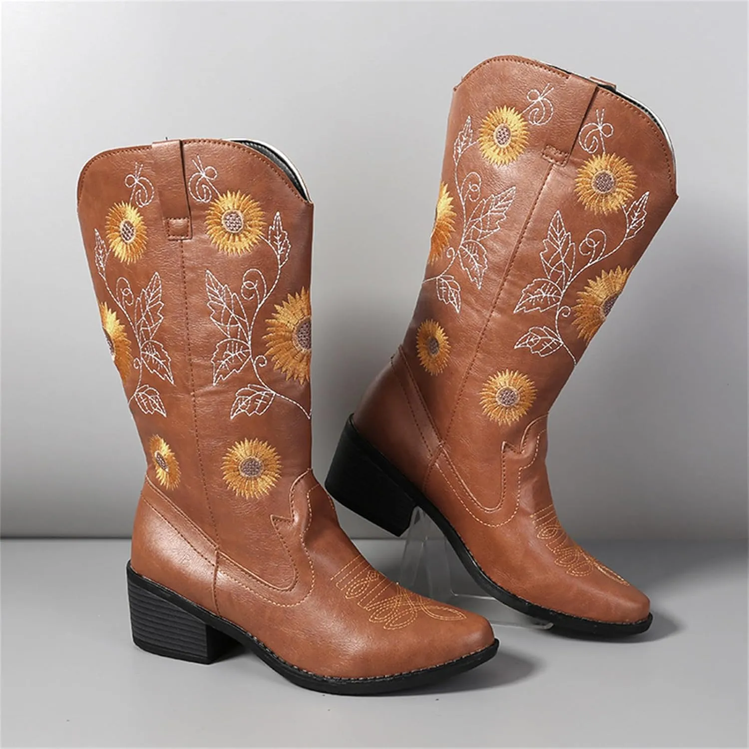 Ladmiple Boots For Women Cowboy Style Wide Calf Knee High Seam Mid Block Heel Almond Fashion Classic Cowgirl Boots Slip-On