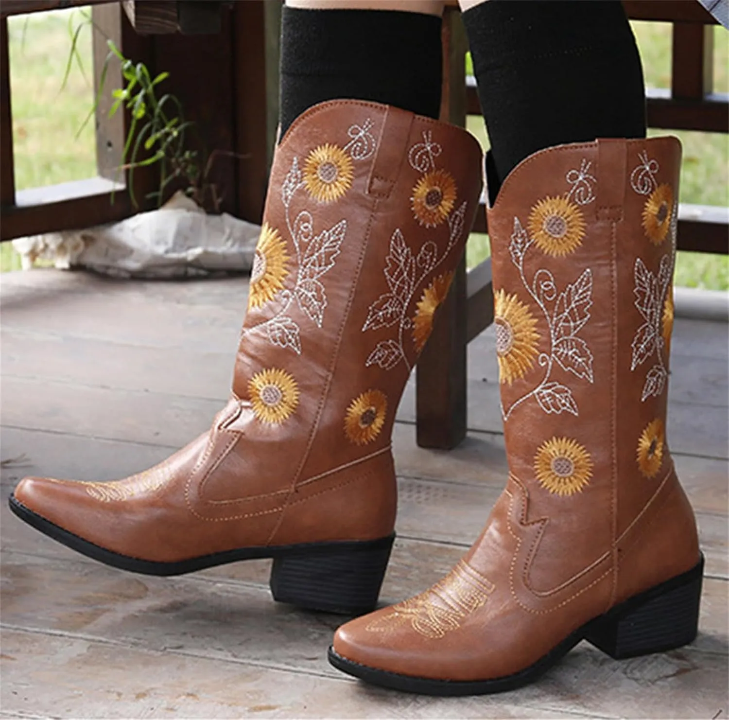 Ladmiple Boots For Women Cowboy Style Wide Calf Knee High Seam Mid Block Heel Almond Fashion Classic Cowgirl Boots Slip-On