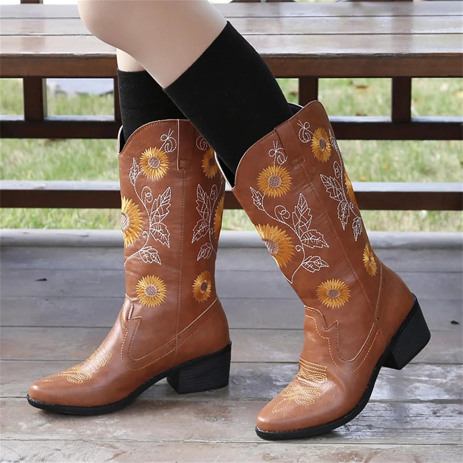 Ladmiple Boots For Women Cowboy Style Wide Calf Knee High Seam Mid Block Heel Almond Fashion Classic Cowgirl Boots Slip-On