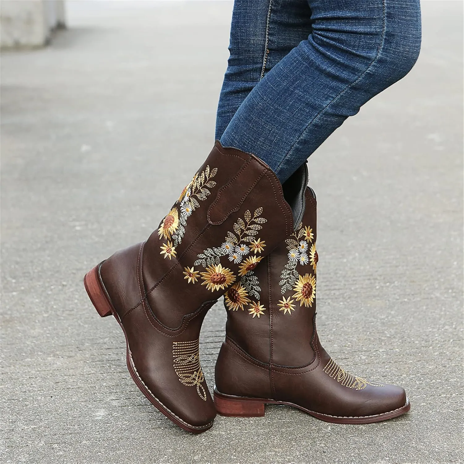 Ladmiple Cowgirl Boots Women Mid Calf Sunflower Embroidered Western Boots Chunky Heel Stitching Pull On Cowboy Boots