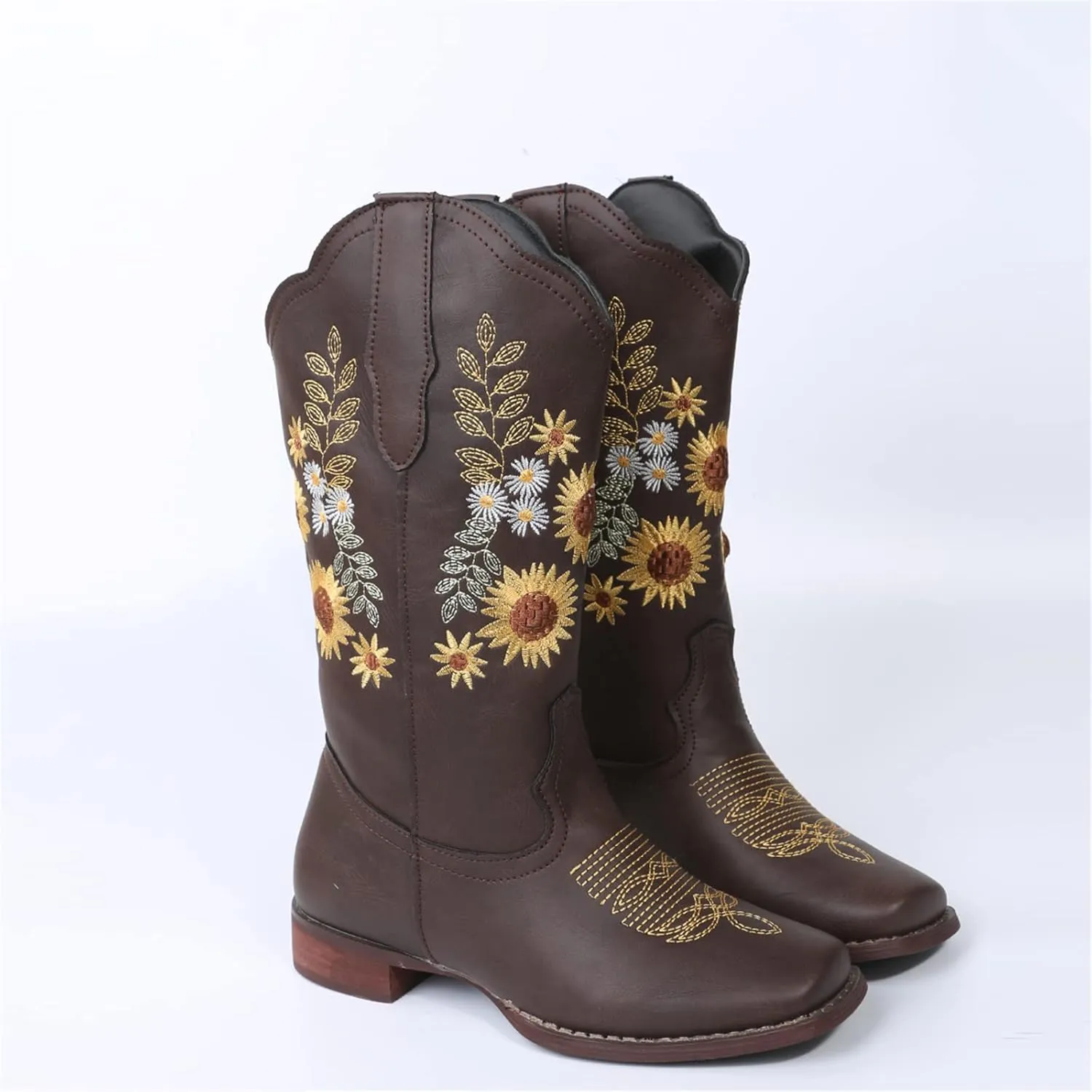 Ladmiple Cowgirl Boots Women Mid Calf Sunflower Embroidered Western Boots Chunky Heel Stitching Pull On Cowboy Boots