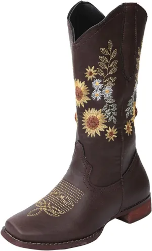 Ladmiple Cowgirl Boots Women Mid Calf Sunflower Embroidered Western Boots Chunky Heel Stitching Pull On Cowboy Boots