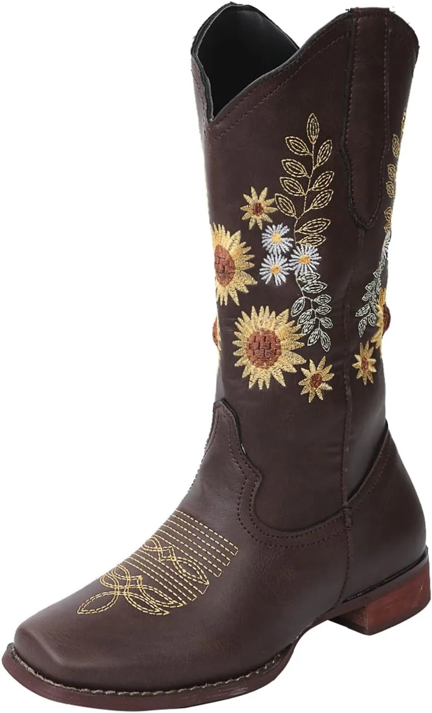 Ladmiple Cowgirl Boots Women Mid Calf Sunflower Embroidered Western Boots Chunky Heel Stitching Pull On Cowboy Boots