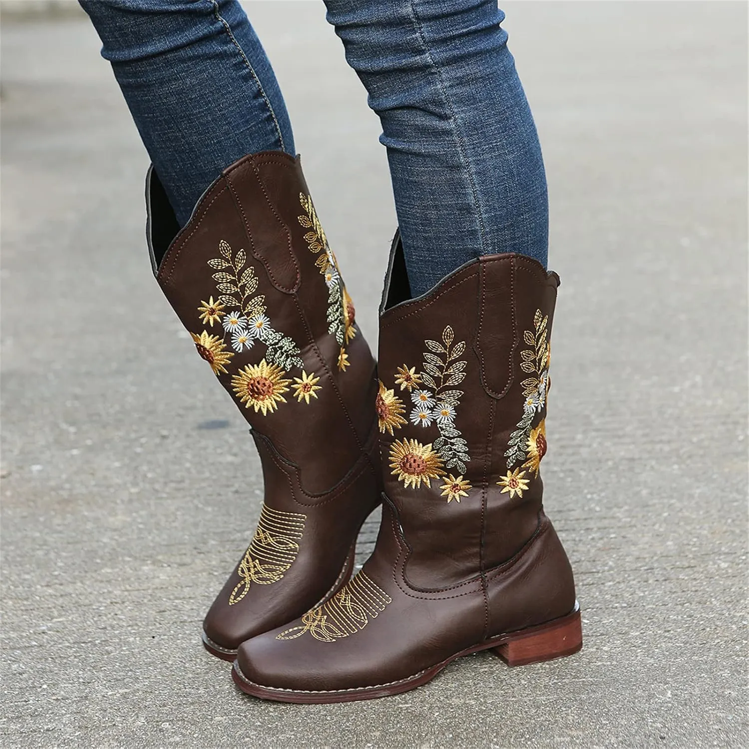 Ladmiple Cowgirl Boots Women Mid Calf Sunflower Embroidered Western Boots Chunky Heel Stitching Pull On Cowboy Boots