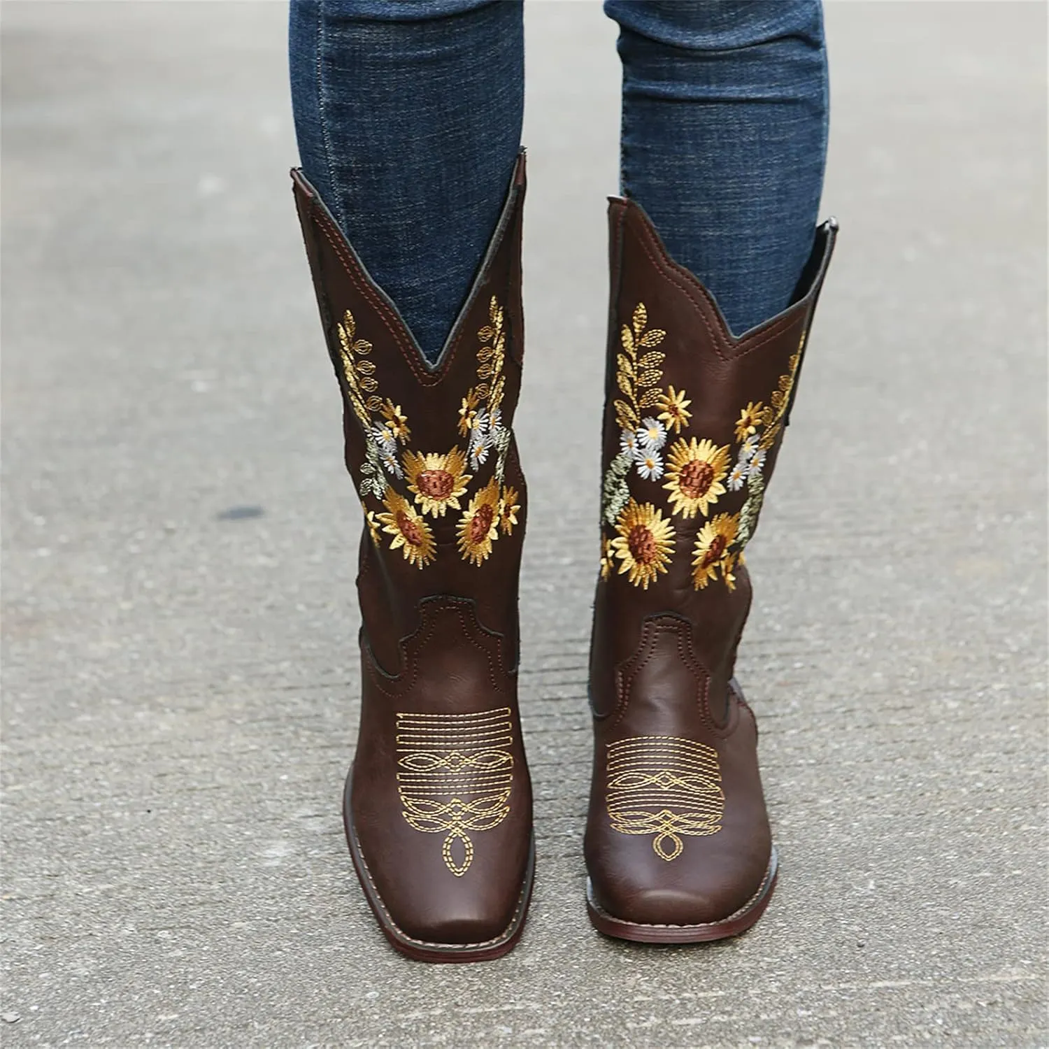 Ladmiple Cowgirl Boots Women Mid Calf Sunflower Embroidered Western Boots Chunky Heel Stitching Pull On Cowboy Boots