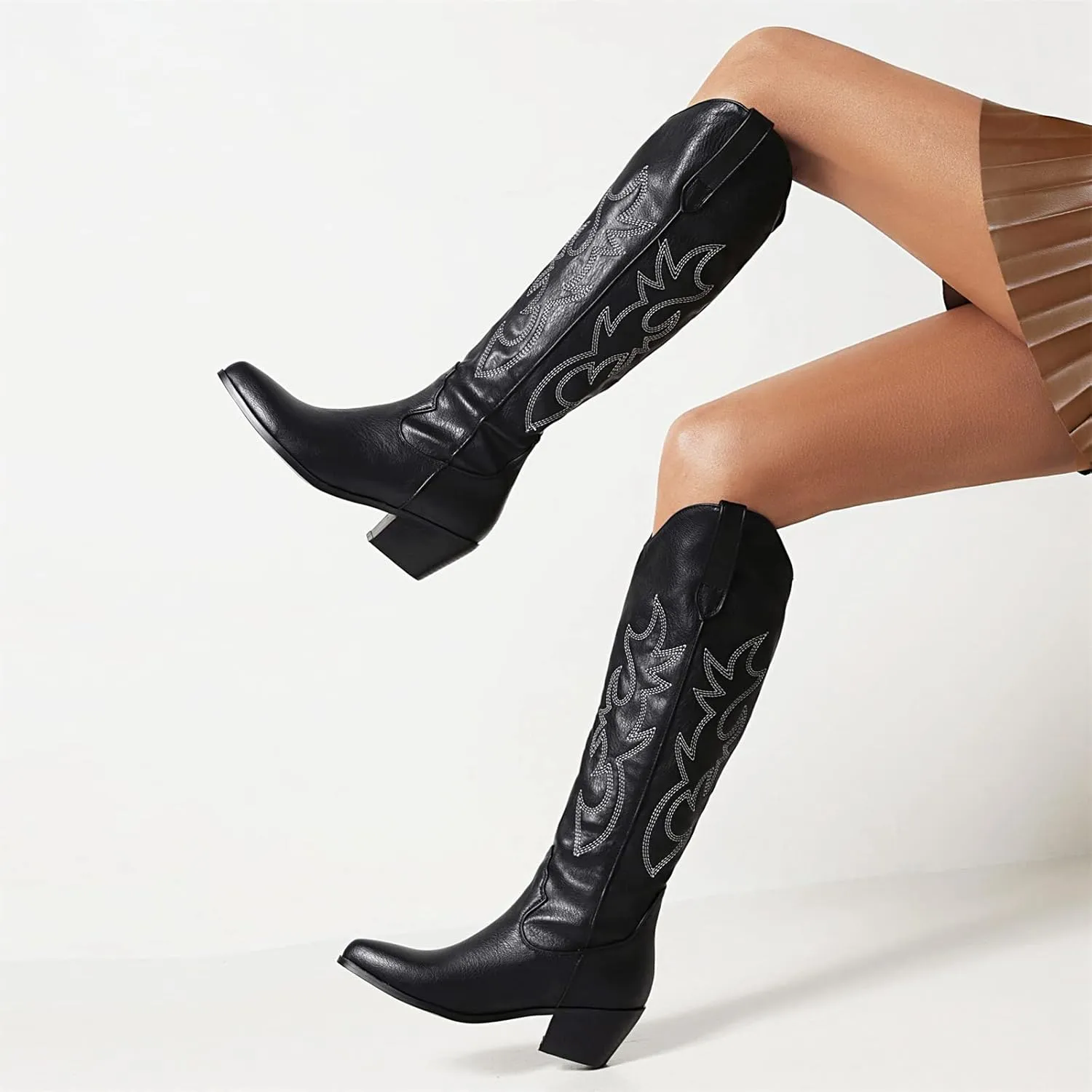 Ladmiple Cowgirl Boots Women Wide Calf Tall Embroidered Mid-Calf Western Boots Medium Block Chunky Heel Cowboy Boots