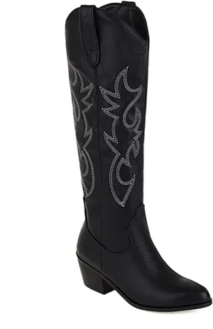 Ladmiple Cowgirl Boots Women Wide Calf Tall Embroidered Mid-Calf Western Boots Medium Block Chunky Heel Cowboy Boots